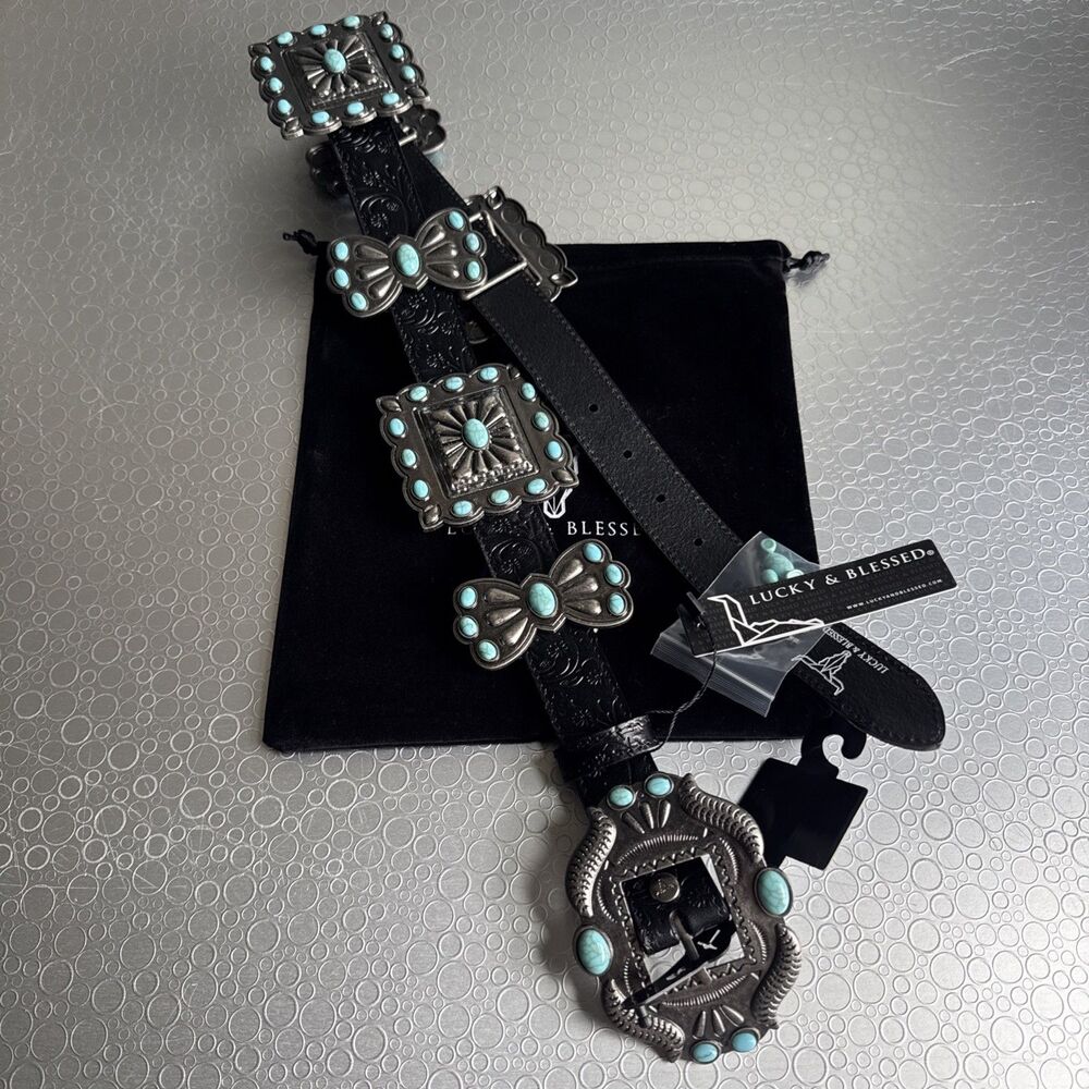 Lucky & Blessed Black Embossed Adjustable Concho Belt - XS Runs Bigger Dust Bag
